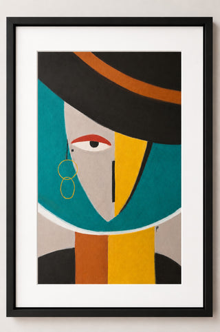 Framed abstract portrait art with geometric teal, yellow, and orange shapes