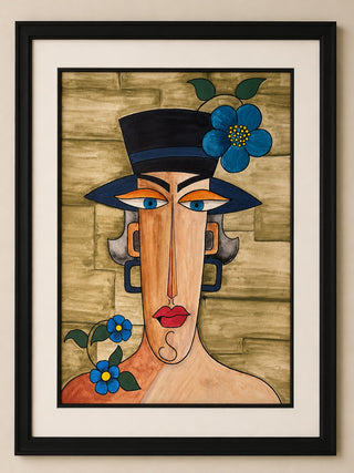 Portrait peint à l'aquarelle sans cadre d'une figure stylisée portant un chapeau fleuri bleu sur fond doré