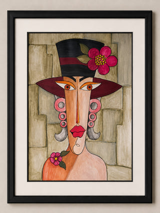 Oooh Lala, aquarelle sans cadre sur papier, portrait cubiste au visage allongé et chapeau haut de forme rose