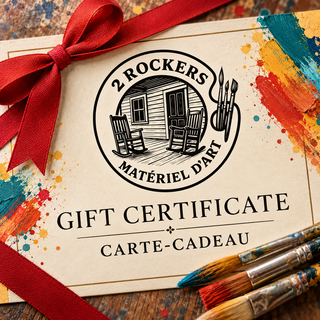 2 Rockers art supply gift certificate card with paint splatters and brushes