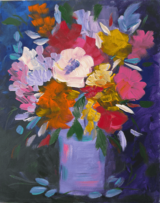 Expressive acrylic floral bouquet painting in lavender vase on dark background