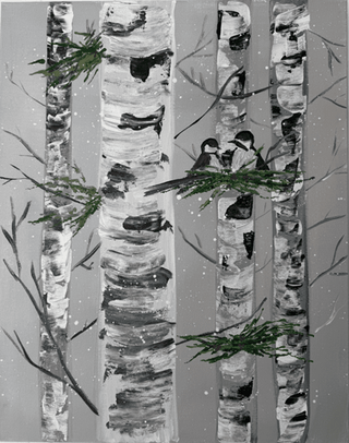 Acrylic painting of white birch trees with birds and falling snow