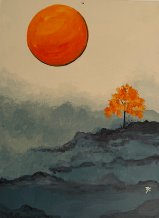 Acrylic landscape painting with orange circle sky and misty mountains