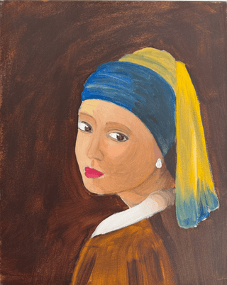 Acrylic portrait painting of woman in headscarf inspired by Girl with a Pearl Earring