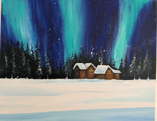 Acrylic painting of aurora borealis over snowy cabins and pine trees