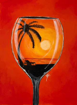 Acrylic wine glass silhouette painting with sunset landscape inside bowl