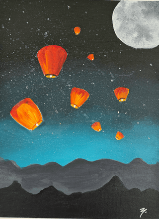 Acrylic painting of floating lanterns and textured moon over mountain silhouettes