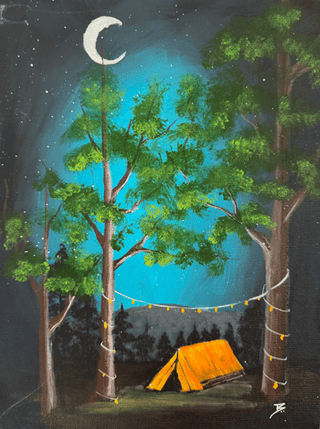 Acrylic camping scene painting with orange tent, string lights, and starry sky