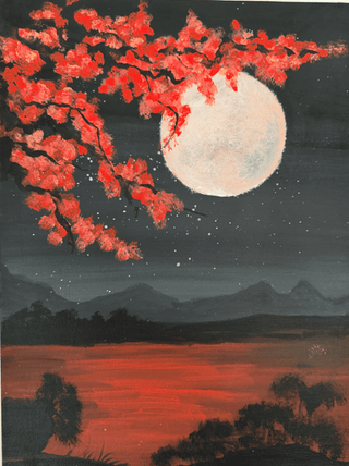 Acrylic night scene painting with full moon, red leaves, and silhouetted mountains