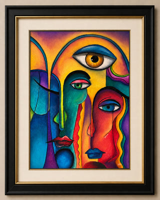 To Be Seen abstract cubist pastel artwork with vibrant blue red orange and purple hues on paper