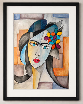 Peinture cubiste à l'aquarelle sans cadre d'un visage de femme avec des fleurs colorées et un fond géométrique