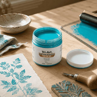 Encre de bloc-triage Tri-Art turquoise avec échantillon d'impression feuille, outil de gravure et rouleau