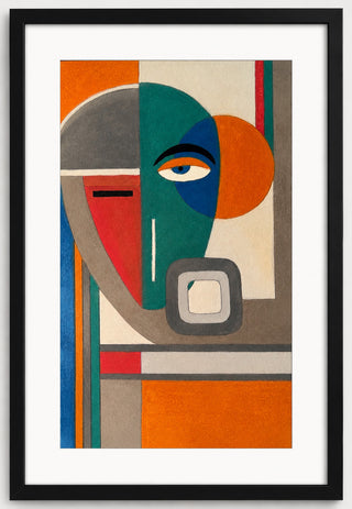 Abstract geometric pastel portrait on paper, teal and orange shapes with single eye, unframed 11x15 art