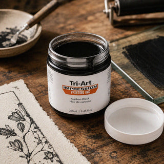 Encre d'impression acrylique Tri-Art Noir de Carbone en pot ouvert avec brayer et impression botanique