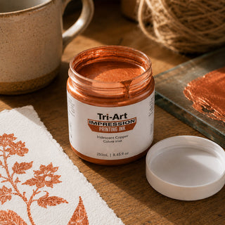 Encre de blocs à imprimer Tri-Art Iridescent Copper avec échantillon d'impression florale