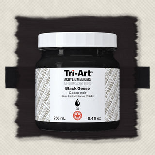Tri-Art Black Gesso acrylic medium in 250ml jar with thick black paint swatch