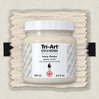 Tri-Art Ivory Gesso acrylic medium in 250ml jar on canvas swatch