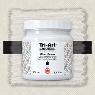 Médium acrylique Tri-Art Clear Gesso en pot de 250ml, étiquetée brillance et origine canadienne
