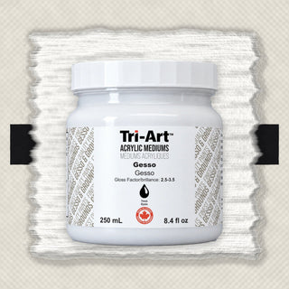Médium acrylique Tri-Art Gesso dans un pot blanc de 250 ml avec étiquette indiquant le facteur brillant et l'origine canadienne