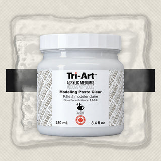 Tri-Art Medium Modeling Paste Clear acrylique en pot de 250ml avec couvercle cannelé et échantillon de texture