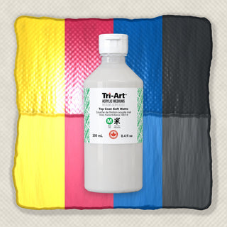 Top coat acrylique Tri-Art Soft Matte en flacon blanc de 250 ml avec échantillons de peinture