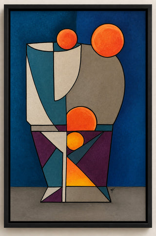 Framed abstract geometric artwork with orange circles and teal shapes on blue background