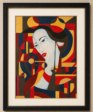 Blue La Donna framed cubist watercolor painting of woman with geometric shapes