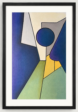 Abstract geometric pastel artwork on textured paper with bold blue, purple, and sage shapes